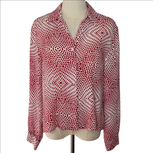 Caviar Women Red White Long Sleeve Button Front Vintage Blouse Top Sz M